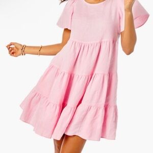 Lilly Pulitzer Pink Tiered Flutter-Sleeve Linen Dress